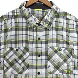 Under Armour HeatGear Plaid Shirt Grey Green Short Sleeve Button Up 2XL Gorp